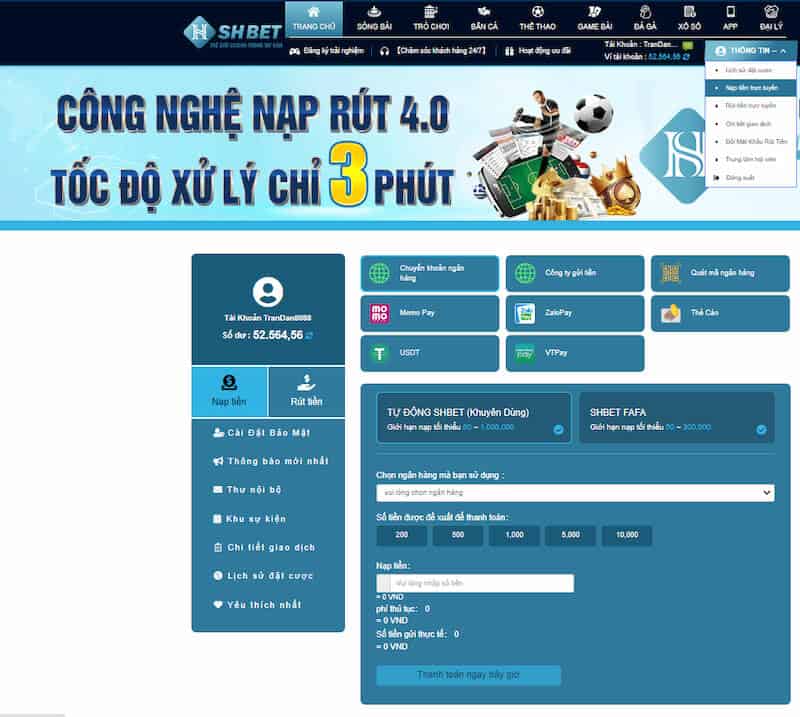 Các phương thức nạp tiền SHBet