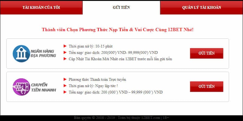 Cách nạp tiền 12bet qua chuyển tiền nhanh