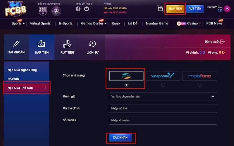 Cách nạp tiền FCB8 qua thẻ cào