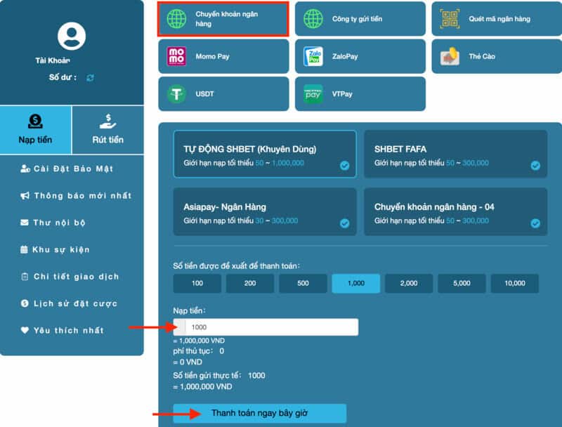 Cách nạp tiền SHBET qua ngân hàng
