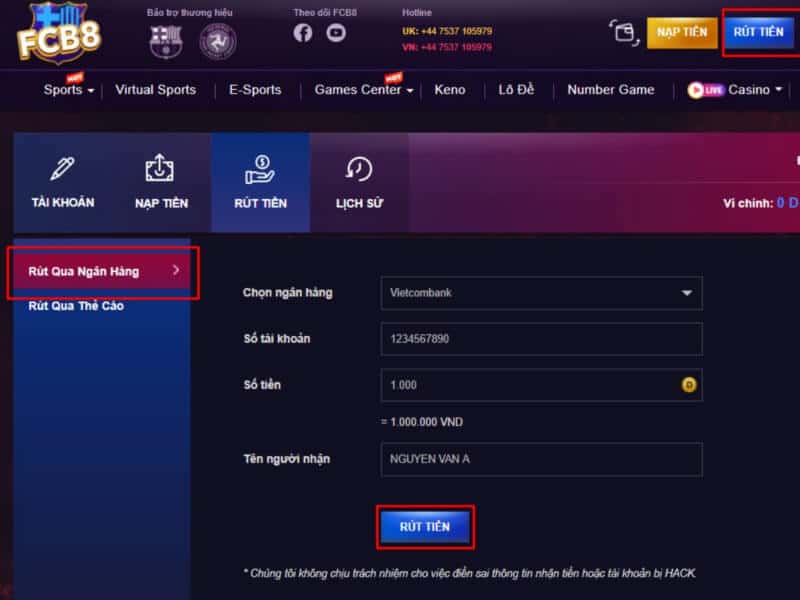 Cách rút tiền FCB8 qua ngân hàng