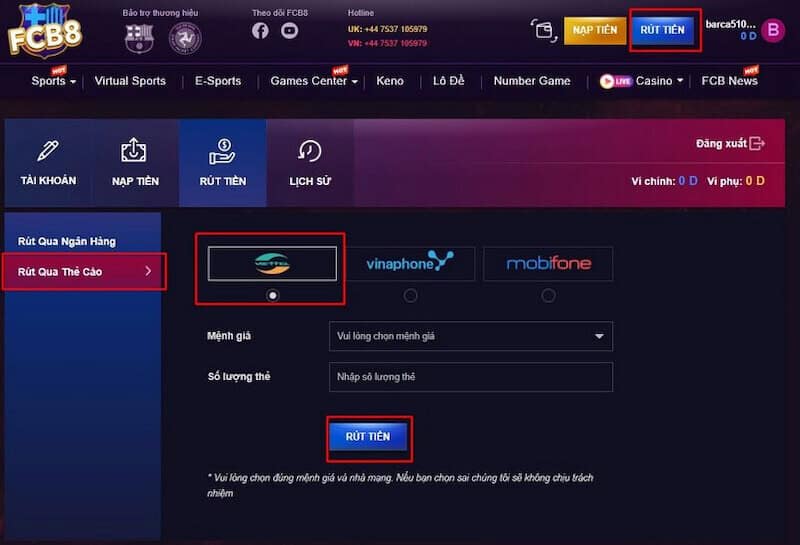 Cách rút tiền FCB8 qua thẻ cào