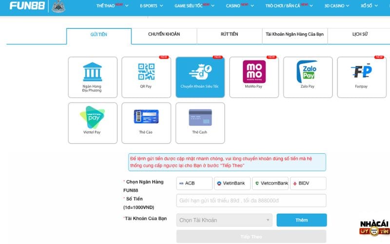 Cách nạp tiền Fun88 qua chuyển khoản siêu tốc