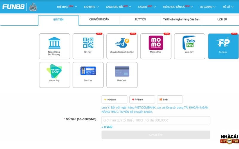 Cách nạp tiền Fun88 qua Fastpay
