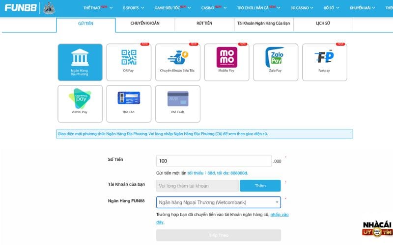 Cách nạp tiền Fun88 qua ngân hàng