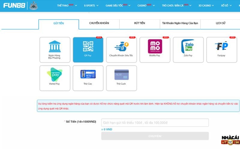 Cách nạp tiền Fun88 qua QR Pay