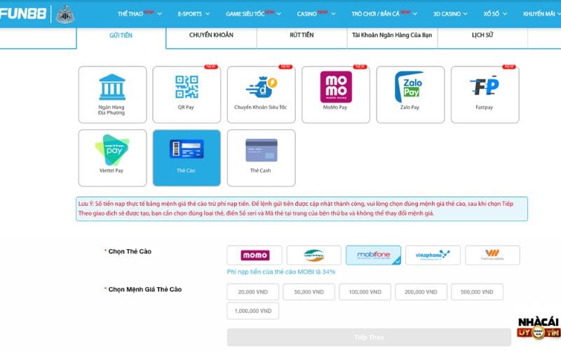Cách nạp tiền Fun88 qua thẻ cào