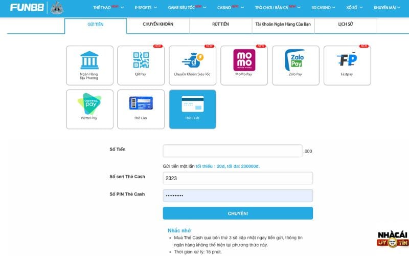 Cách nạp tiền Fun88 qua thẻ Cash