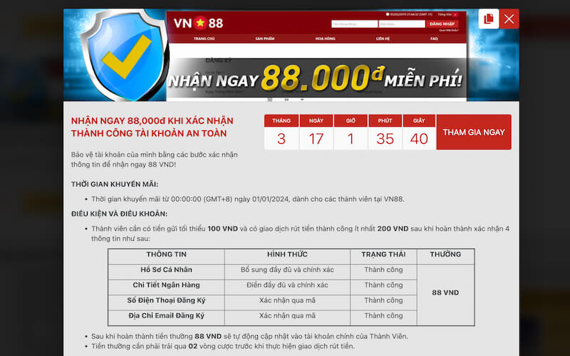 Nhà cái VN88 khuyến mãi thành viên mới 88k