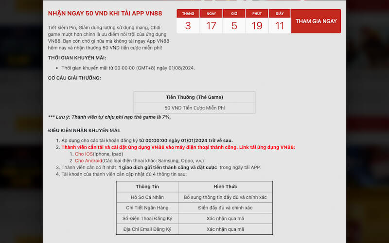 Điều kiện nhận khuyến mãi VN88